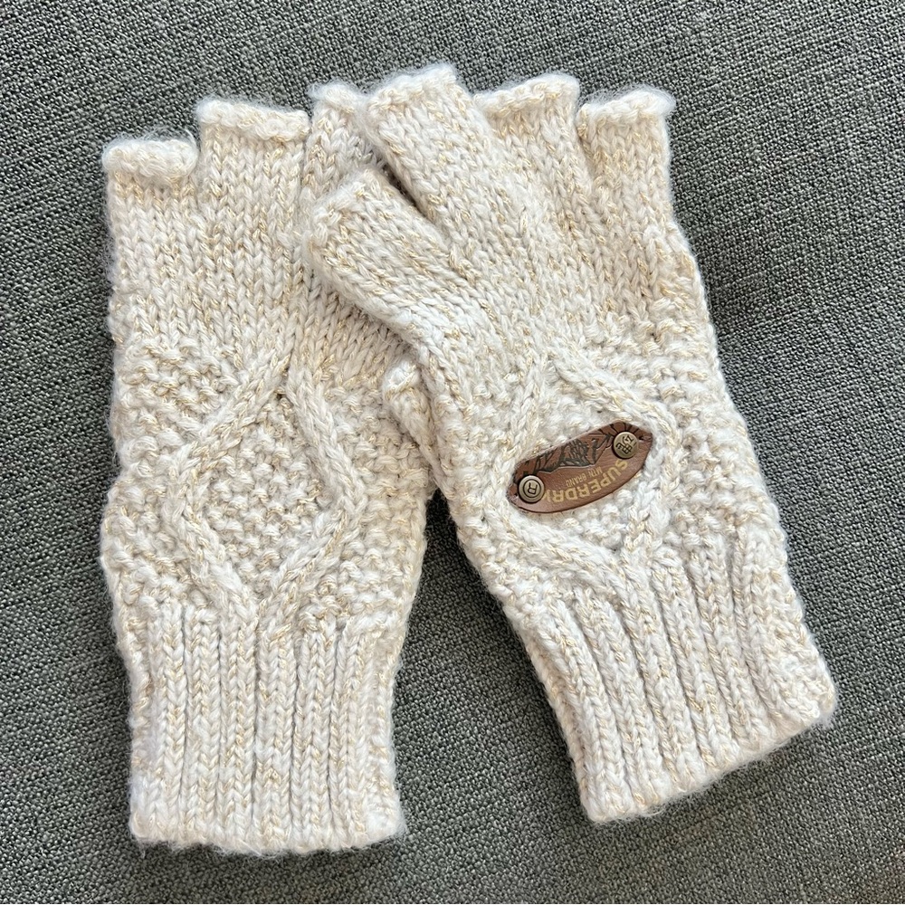 NEW Superdry metallic cream knit winter gloves mitten finger-free fingerless